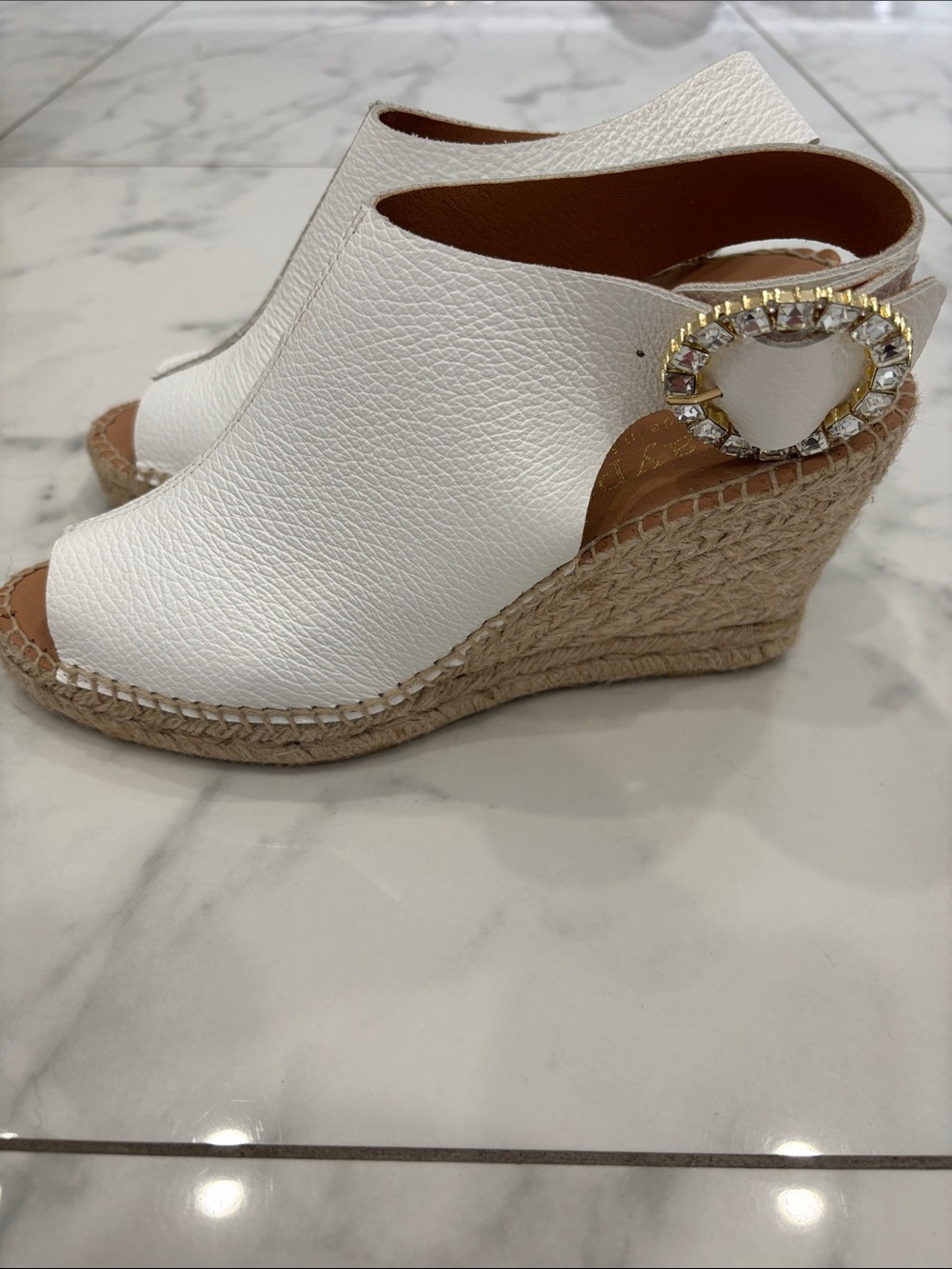 Maypol Nemi White Leather Rhinestone Buckle Espadrille Wedge Sandals